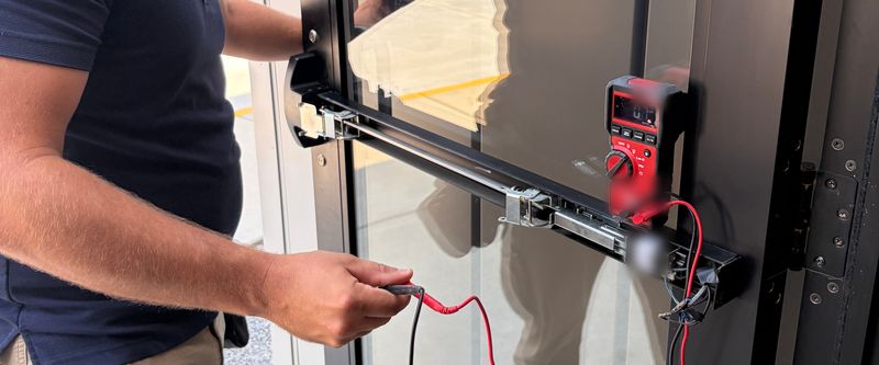 JCS technician checking an exit device with a multimeter