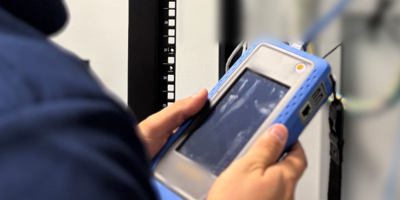 JCS technician testing network cabling with a handheld cable tester